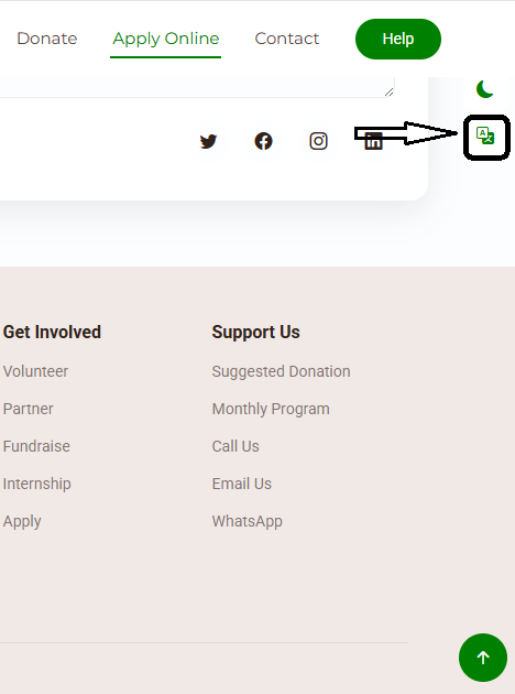 Picha ya skrini inayoonyesha ikoni ya dunia kwenye kona ya juu kulia
